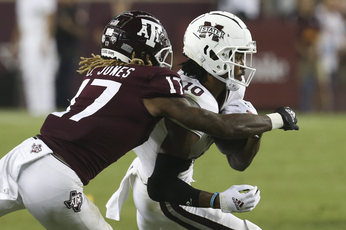 Oct 2, 2021; College Station, Texas, USA; Mississippi State Bulldogs wide receiver Makai Polk (10) is tackled by Texas A&M Aggies defensive back Jaylon Jones (17) in the second half at Kyle Field. Mandatory Credit: Thomas Shea-USA TODAY Sports
